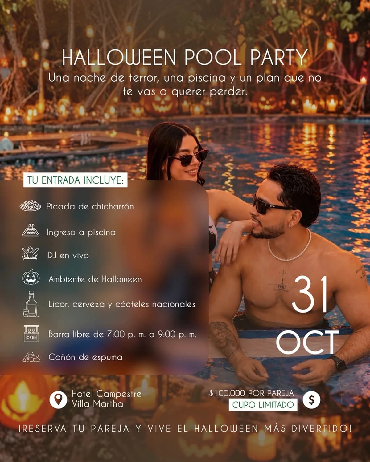 Flyer oficial Halloween Pool Party — Hotel Campestre Villa Martha